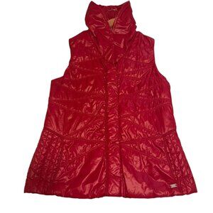Lucy Women’s Red Quilted Puffer Vest Size L Hooded Button Front